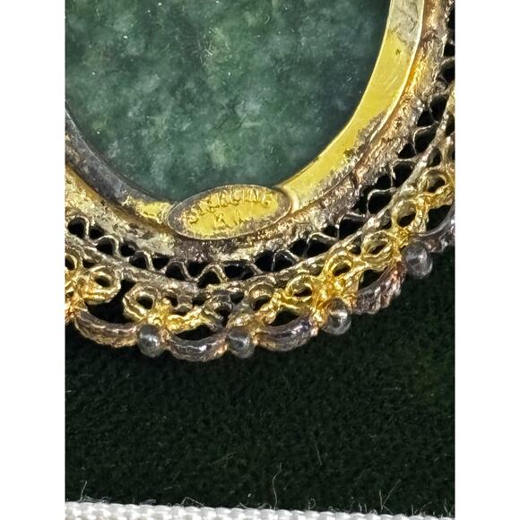 Sterling Signed K.L. Karen Lynne Celadon Jade Stone Filigree Brooch/Earring Set - Picture 5 of 10